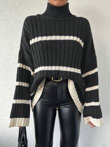 EURMUSE Women High Neck Striped Drop Shoulder Long Sleeve Casual Sweater, Fall/Winter - Black - View 6