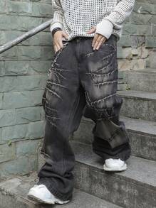 Manfinity Roghcode Quần Jeans Ống Rộng Dáng Rộng Phong Cách Đường Phố Thời Trang Cho Nam, Không Có Dây Xích, Quần Jeans Cargo Màu Xám Đậm, Dài Trơn, Rộng Rãi, Dành Cho Chồng, Quà Tặng Bạn Trai - Xám - Xem 6