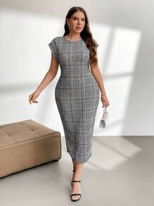 Firerie Plus Houndstooth Print Batwing Sleeve Dress - Black and White - View 4