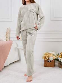 RueChic 2Pcs Pelush Embroidery Detail PJ Set - Beige - View 5