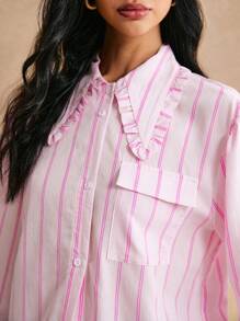 Poéselle Wooden Trim Casual Striped Long Sleeve Shirt, Pink Long Sleeve Top, Bright Pink, Contrasting Striped Shirt, Strawberry Shirt,2024 AW, Winter Clothes - Pink - View 2