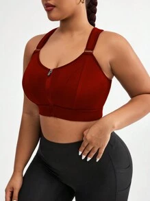 Plus Size Sports Racerback Bra With Adjustable Hook-And-Loop Shoulder Straps, Front Zipper Closure, High Support,With Sewn-In Pads,Non-Removable Pads For Women High Support Racerback,Workout, Yoga, Running For Chinese New Year