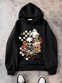 万圣节可爱幽灵、骷髅、蝙蝠和蜘蛛网南瓜图案印花连帽衫，适合青少年男孩 - 黑色 - 查看 1
