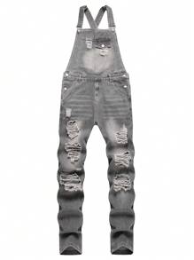 Chillumni Pantalón informal de peto vaquero desgastado y rasgado para hombres - Gris - Ver 1