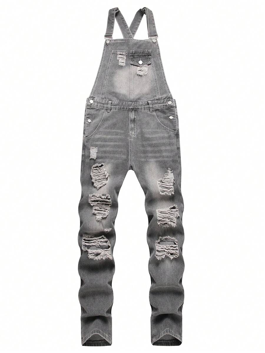 Chillumni Pantalón informal de peto vaquero desgastado y rasgado para hombres - Gris - Ver 1