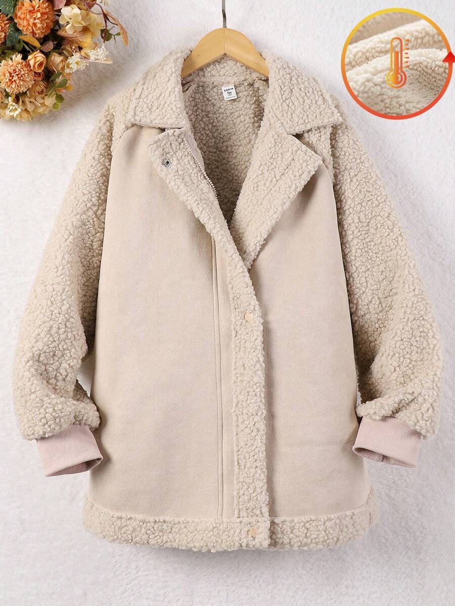 少女时尚休闲卡其色麂皮拼接仿羊毛内衬保暖外套，秋冬款 - 卡其色 - 查看 1