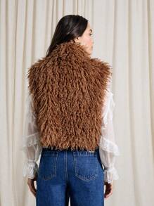 AiiRZ Luxury Faux Fur Shaggy Cropped Vest Sleeveless Plush Gilet Autumn Winter Fashion Stand Collar Outerwear Layering Piece Retro Boho Festival Statement - Brown - View 2