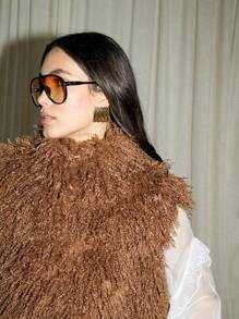 AiiRZ Luxury Faux Fur Shaggy Cropped Vest Sleeveless Plush Gilet Autumn Winter Fashion Stand Collar Outerwear Layering Piece Retro Boho Festival Statement - Brown - View 5