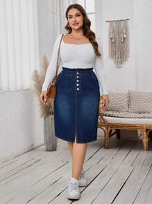 SHEIN LUNE Plus Size Women Casual Paper Bag Waist Button Fly Straight Denim Skirt - Dark Wash - View 5