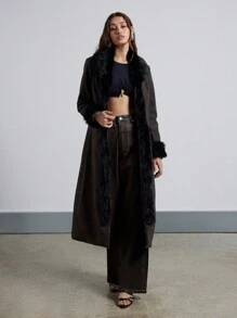 AiiRZ Winter Fur Trim Long Maxi Coat Thick Suede Fabric Soft Plush Collar Full Length Dressy Holiday Season Outerwear Warm Cozy Luxury