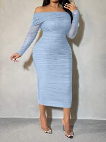 SHEIN SXY Đầm bodycon xếp ly dài tay trễ vai thanh lịch cho nữ cỡ lớn - Màu xanh nhạt - Xem 6