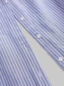 Poéselle 条纹印花纽扣前开休闲长袖衬衫、女式纽扣衬衫、秋季衬衫、秋季上衣、蓝白女式衬衫、商务女装