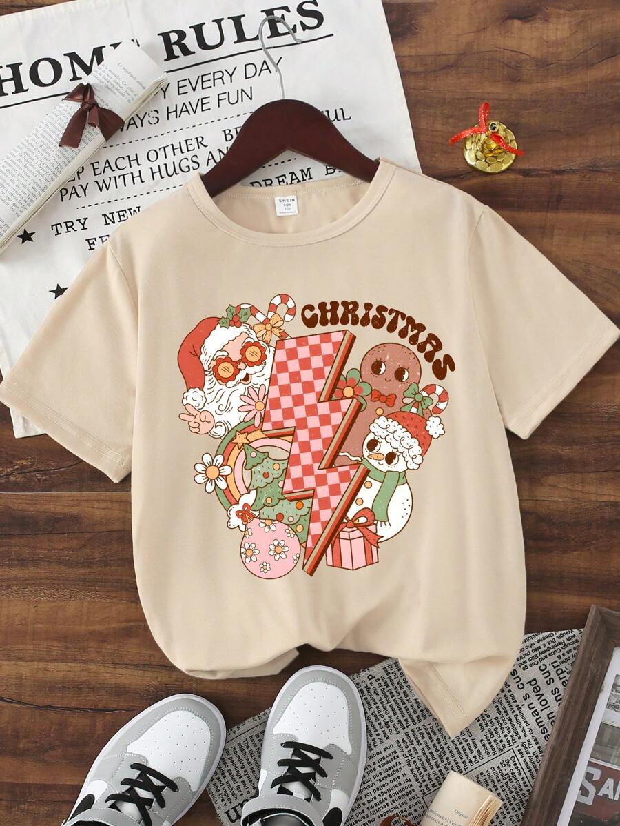 Tween Girl Christmas Casual Cute Santa Claus Cartoon Print Basic Short ...