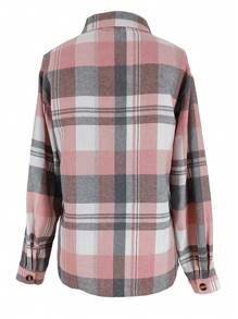 女式时尚休闲格子长袖纽扣衬衫，秋冬 - 粉色 - 查看 4