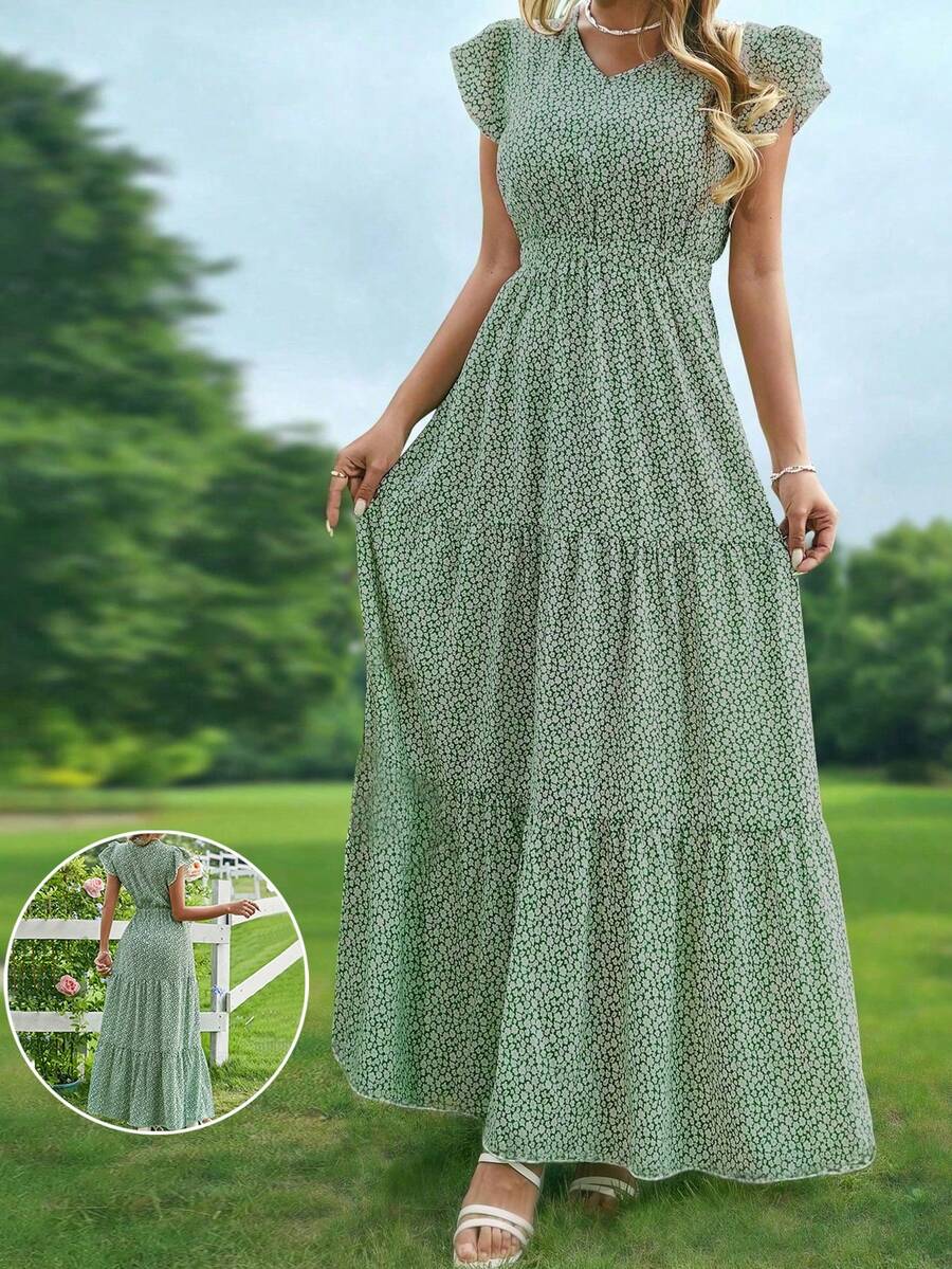 女士 V 领花卉荷叶边度假春夏连衣裙 - 綠色 - 查看 1