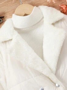 SHEIN Tween Girl Double Breasted Solid Color Fluffy Lined Short Padded Coat, Winter New Style - Apricot - View 6