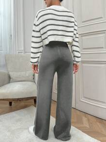 RueChic Women Stripe Patten Front Button Cardigan & Sweater Pants Set - Dark Grey - View 3