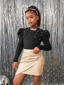 SHEIN Bộ đồ vest tay dài cổ đứng khoét sâu đính hạt ngọc trai thường ngày cho bé gái tuổi mới lớn dự tiệc Giáng sinh & váy ngắn PU xếp ly quấn chéo, mùa thu/đông - màu đen - Xem 3