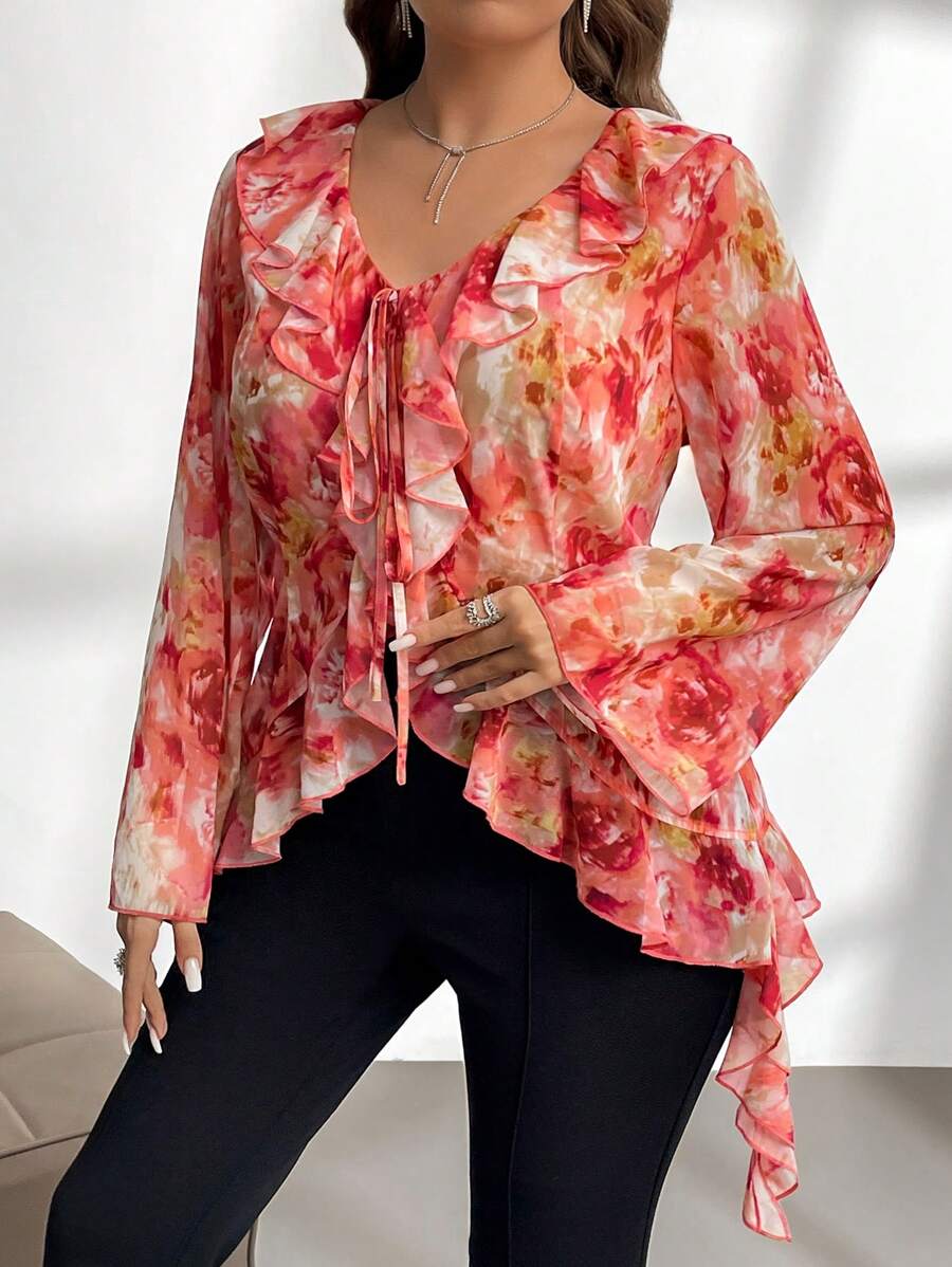 SHEIN Privé 大码女式花卉随机印花前开褶边袖系带前衬衫 - 彩色 - 查看 1