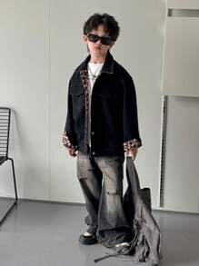 SHEIN Tween Boy Black Denim And Leopard Print With Velvet Functional Double-Sided Wear Lined For Added Warmth With Long Sleeves And Lapels Denim Jacket For Dailywear And Fall/Winter Kids Clothes - Multicolor - View 7
