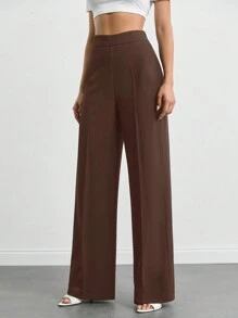 SHEIN Tall Pantaloni casual de damă, cu talie înaltă, de culoare uni, cu picioare largi, lungime întreagă - Maro - Vizualizare 5