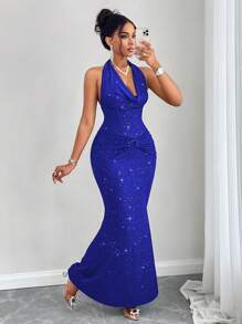 SOLERSUN 女士纯色挂脖式围脖领闪亮修身美人鱼连衣裙长款女装 - 寶藍色 - 查看 1