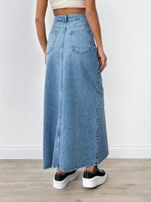 EURMUSE WOMEN LONG SLAH DETAIL DENIM SKIRT - Medium Wash - View 2