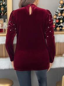 SHEIN Clasi Plus Size Women Elegant Beaded Decor Bishop Sleeve Stand Collar Form Fitting Blouse, Autumn