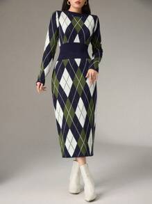 Modelyn Women Casual Argyle Pattern Waist Knitted Sweater Dress