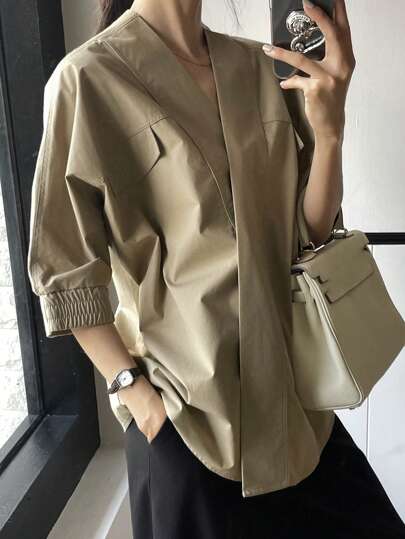 Dazy-Less Women's Casual V-Neck Asymmetric Placket Loose Simple Design Mid-Sleeve Blouse Old Money Style Business Casual Women,Back To School Clothes Preppy Tops