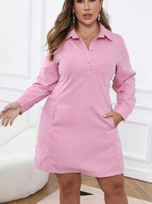EMERY ROSE 大码纯色长袖休闲连衣裙 - 藕粉色 - 查看 3