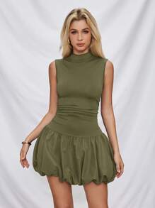 SHEIN Essnce Váy mùa hè đơn sắc cổ đứng cho nữ Váy độc thân Váy Y2k Váy mùa hè cho nữ Váy đèn lồng Váy viền /Váy hoa /Đầm xòe /Trang phục sinh nhật /Bong bóng - xanh quân đội - Xem 1