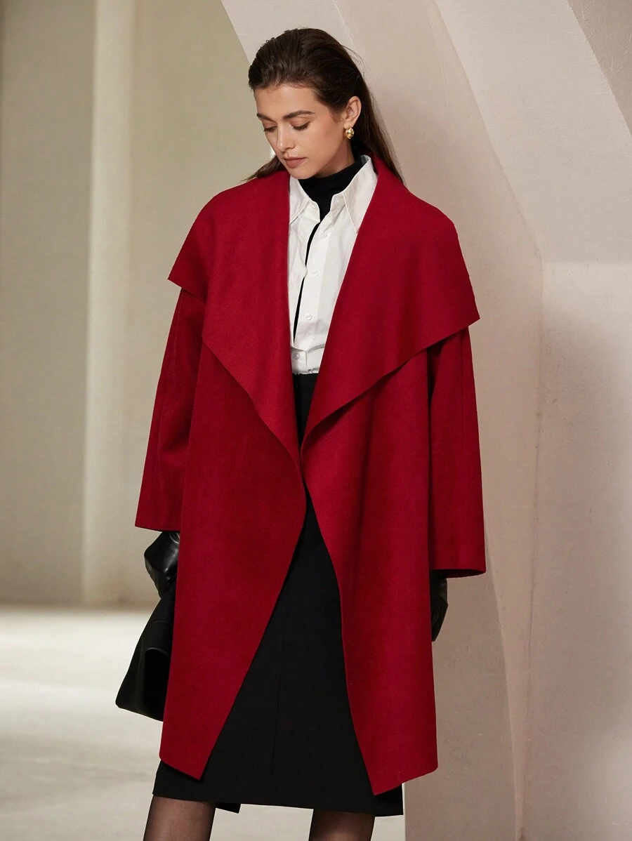 SHEIN Privé Manteau femme mi-long oversize rétro chic vibrant rouge double-face de haute qualité et pour le transport en commun, automne/hiver - Rouge - Voir 1