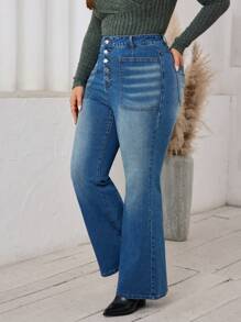 SHEIN LUNE Plus Size Front Button Pocket Flared Leg Elegant Jeans - Medium Wash - View 6