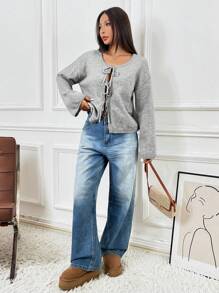 SHEIN EZwear Casual Colorblock Black & White Striped Lace-Up Sweater, Autumn/Winter Knotted Long Sleeve Cardigan, Commute, Minimalist, Office Wear, Old Money, Simple, Women's Tie Front Belt Solid Color Knitwear Sweater Cardigan, Can Be Worn Over A T-Shirt,Long Sleeve Tops,Tops For School In Fall/Winter - Grey - View 3