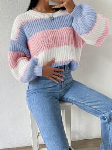 Chiquease 休闲撞色条纹灯笼袖毛衣，秋冬 - 彩色 - 查看 6