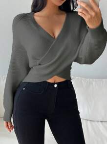 Chiquease Casual Crossover Wrap Loose Pullover Long Sleeve Sweater