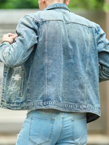 Manfinity Homme Chaqueta vaquera casual para hombres con bordado de letras para otoño - Azul - Ver 2