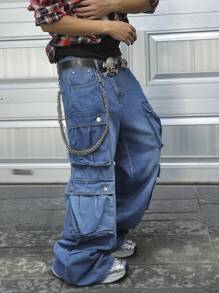 Manfinity EMRG Men's Casual Loose Fit Multi-Pocket Cargo Denim Jeans, Suitable For Spring And Autumn - Medium Wash - View 7