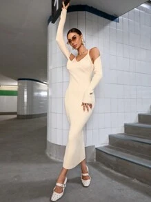 Aveloria Stylish Young Women Long Sleeve Off Shoulder Bodycon Maxi Knit Sweater Dress, Autumn Fall Cloth For Women