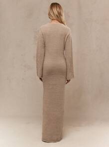 MISSGUIDED 长袖针织长裙舒适秋冬拖地长家居服柔软纹理紧身保暖假日毛衣长袍 - 卡其色 - 查看 2