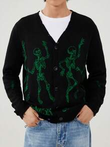 Manfinity Roghcode 男士休闲骷髅印花单排扣长袖开衫，适合秋冬季 - 灰色 - 查看 4