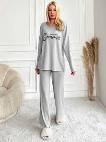 EURMUSE Women Letter Print Drop Shoulder Long Sleeve Top And Pant Pajama Set - Grey - View 3