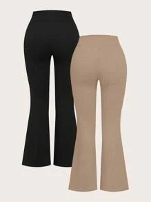 SHEIN EZwear 2 件套大码高腰交叉设计紧身休闲喇叭裤套装，适合春秋季节 - 彩色 - 查看 3