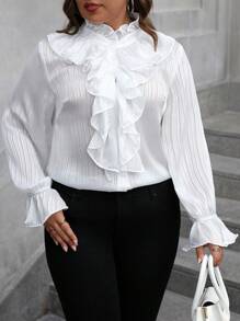 Auvina Plus Size Women Solid Color Patched Ruffle V-Neck Flared Sleeve Elegant Blouse, Spring & Summer Fall Cloth For Women - White - View 5