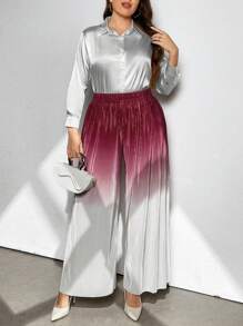 SHEIN Privé Celana Panjang Longgar Potongan Lurus Pinggang Tinggi Ombre Ukuran Plus - MultiWarna - View 4