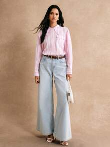 Poéselle Wooden Trim Casual Striped Long Sleeve Shirt, Pink Long Sleeve Top, Bright Pink, Contrasting Striped Shirt, Strawberry Shirt,2024 AW, Winter Clothes - Pink - View 5