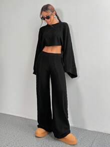 SHEIN Unity 2 件套时尚宽松圆领套头毛衣和裤子套装 - 黑色 - 查看 6