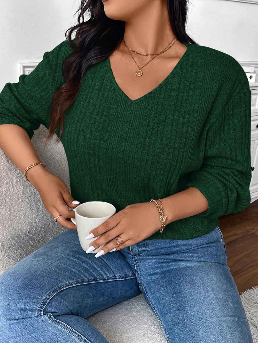 SHEIN Frenchy Áo thun tay dài cổ chữ V rộng rãi không đối xứng cỡ lớn - xanh quân đội - Xem 1