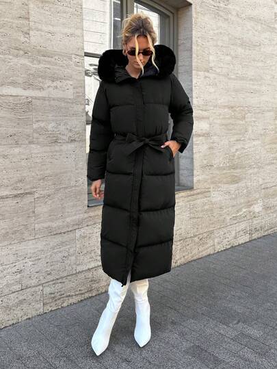EURMUSE Women Black Long Padded Coat With Hoody And Belt